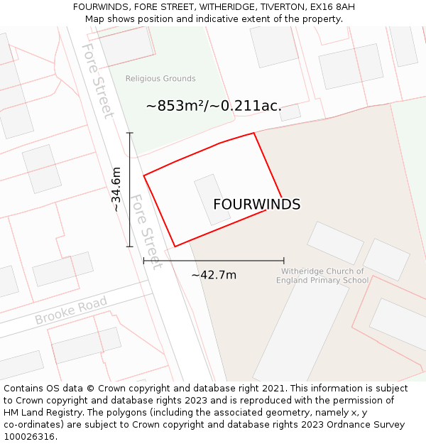 FOURWINDS, FORE STREET, WITHERIDGE, TIVERTON, EX16 8AH: Plot and title map