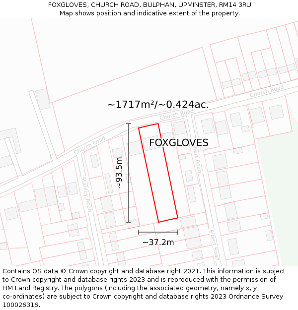 FOXGLOVES, CHURCH ROAD, BULPHAN, UPMINSTER, RM14 3RU: Plot and title map