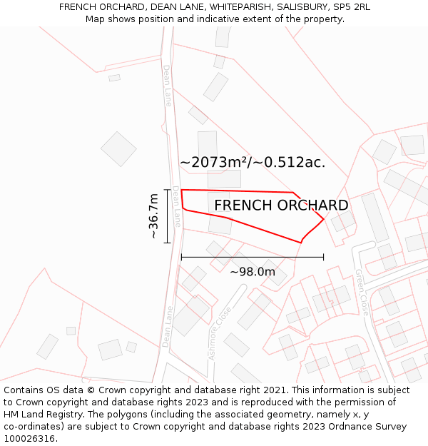 FRENCH ORCHARD, DEAN LANE, WHITEPARISH, SALISBURY, SP5 2RL: Plot and title map