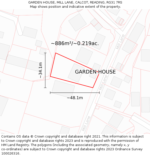 GARDEN HOUSE, MILL LANE, CALCOT, READING, RG31 7RS: Plot and title map