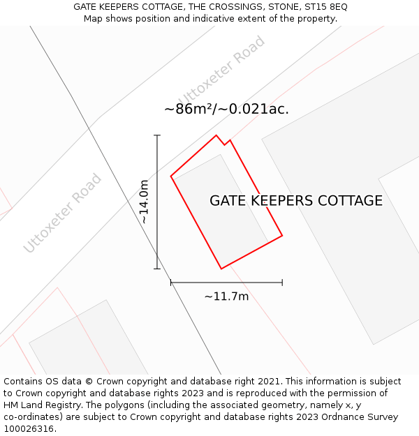 GATE KEEPERS COTTAGE, THE CROSSINGS, STONE, ST15 8EQ: Plot and title map