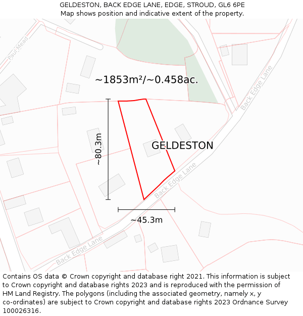 GELDESTON, BACK EDGE LANE, EDGE, STROUD, GL6 6PE: Plot and title map