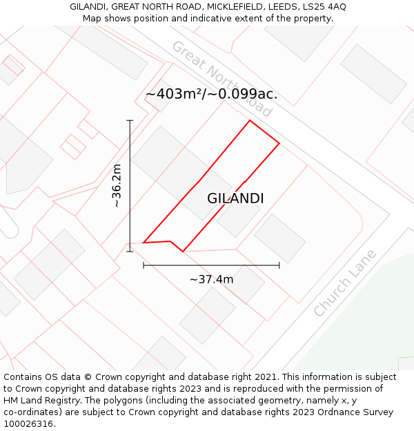 GILANDI, GREAT NORTH ROAD, MICKLEFIELD, LEEDS, LS25 4AQ: Plot and title map