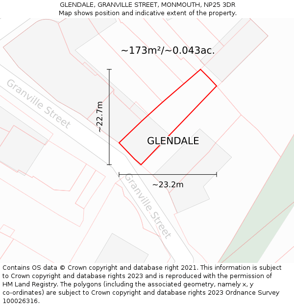 GLENDALE, GRANVILLE STREET, MONMOUTH, NP25 3DR: Plot and title map