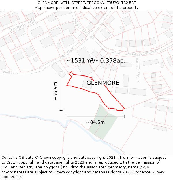 GLENMORE, WELL STREET, TREGONY, TRURO, TR2 5RT: Plot and title map