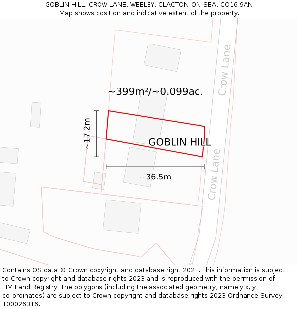 GOBLIN HILL, CROW LANE, WEELEY, CLACTON-ON-SEA, CO16 9AN: Plot and title map