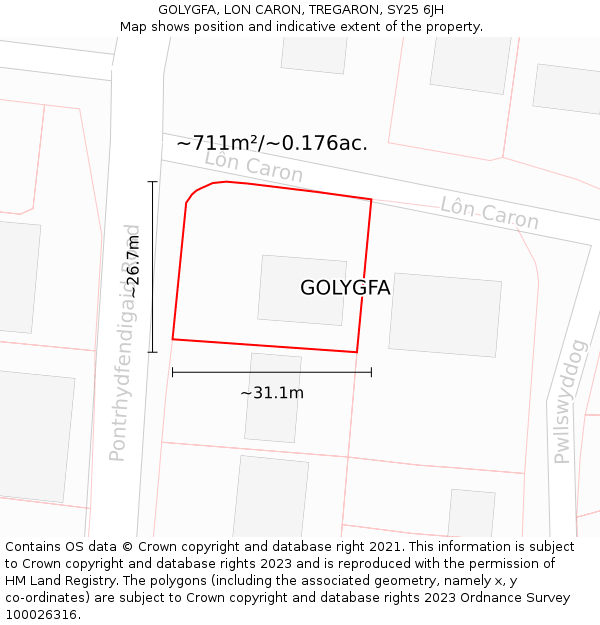 GOLYGFA, LON CARON, TREGARON, SY25 6JH: Plot and title map