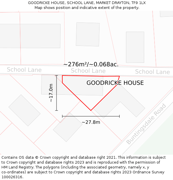 GOODRICKE HOUSE, SCHOOL LANE, MARKET DRAYTON, TF9 1LX: Plot and title map