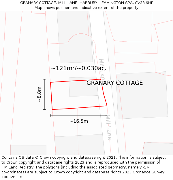 GRANARY COTTAGE, MILL LANE, HARBURY, LEAMINGTON SPA, CV33 9HP: Plot and title map