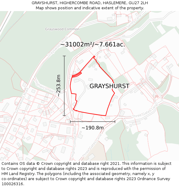 GRAYSHURST, HIGHERCOMBE ROAD, HASLEMERE, GU27 2LH: Plot and title map