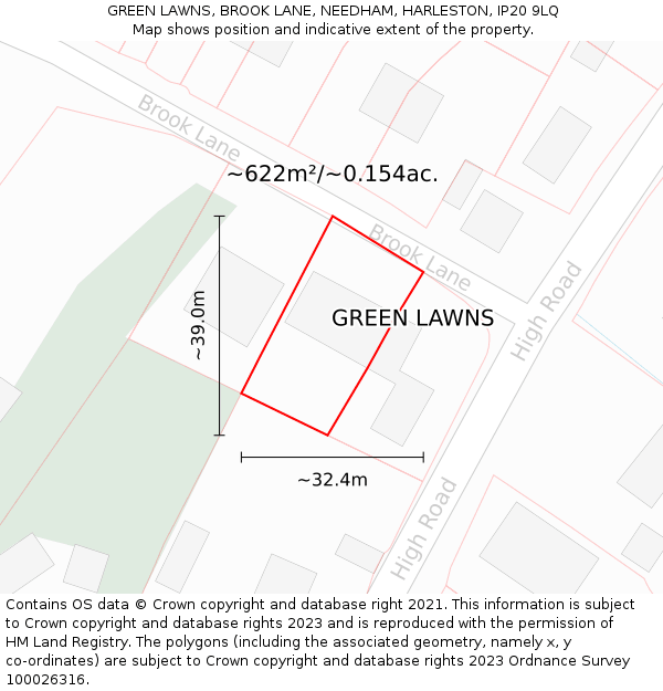 GREEN LAWNS, BROOK LANE, NEEDHAM, HARLESTON, IP20 9LQ: Plot and title map