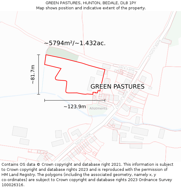 GREEN PASTURES, HUNTON, BEDALE, DL8 1PY: Plot and title map