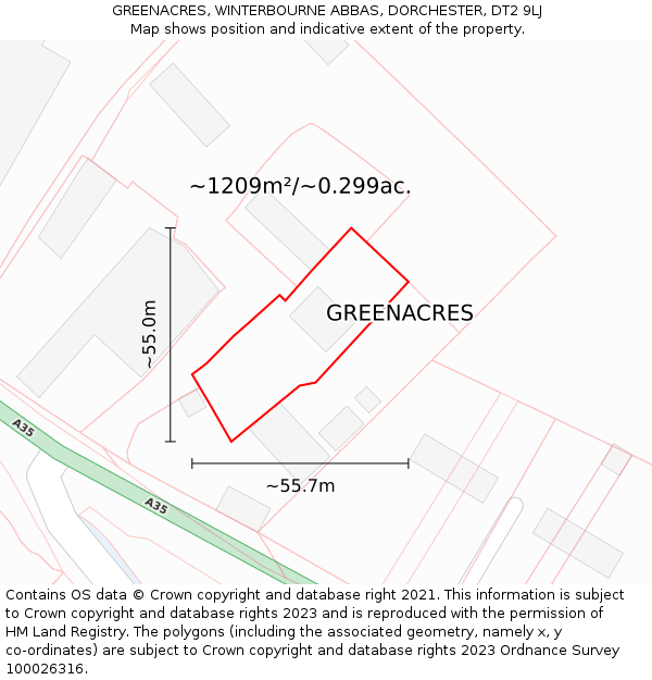 GREENACRES, WINTERBOURNE ABBAS, DORCHESTER, DT2 9LJ: Plot and title map