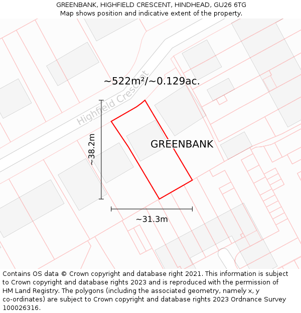 GREENBANK, HIGHFIELD CRESCENT, HINDHEAD, GU26 6TG: Plot and title map