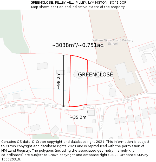 GREENCLOSE, PILLEY HILL, PILLEY, LYMINGTON, SO41 5QF: Plot and title map