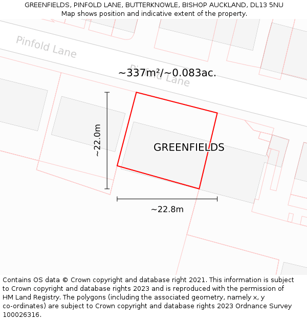 GREENFIELDS, PINFOLD LANE, BUTTERKNOWLE, BISHOP AUCKLAND, DL13 5NU: Plot and title map