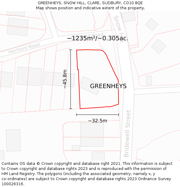 GREENHEYS, SNOW HILL, CLARE, SUDBURY, CO10 8QE: Plot and title map