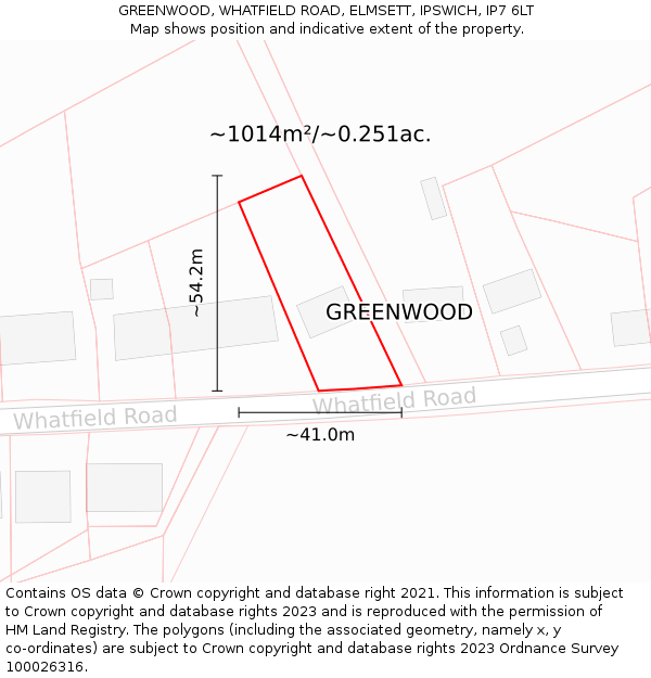 GREENWOOD, WHATFIELD ROAD, ELMSETT, IPSWICH, IP7 6LT: Plot and title map