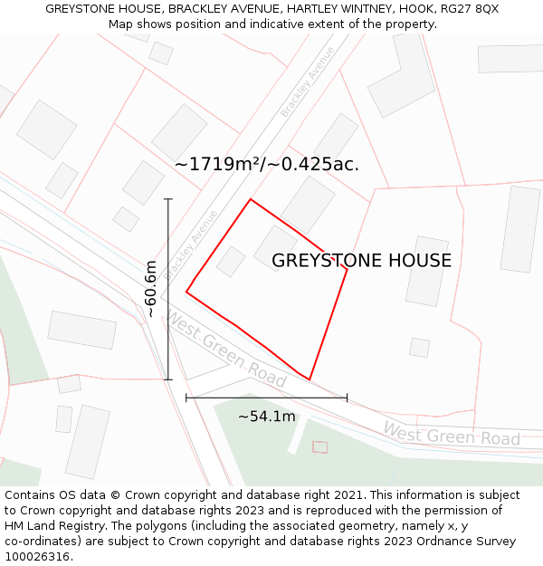 GREYSTONE HOUSE, BRACKLEY AVENUE, HARTLEY WINTNEY, HOOK, RG27 8QX: Plot and title map