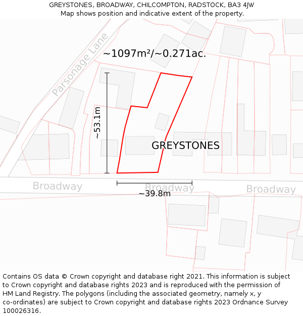 GREYSTONES, BROADWAY, CHILCOMPTON, RADSTOCK, BA3 4JW: Plot and title map