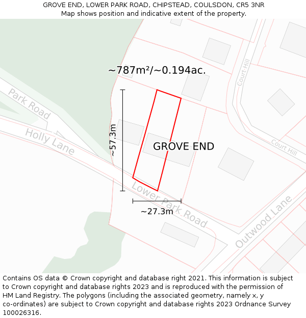 GROVE END, LOWER PARK ROAD, CHIPSTEAD, COULSDON, CR5 3NR: Plot and title map