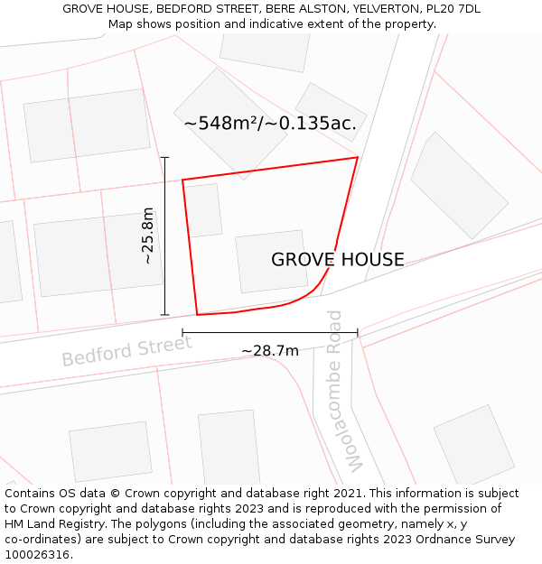 GROVE HOUSE, BEDFORD STREET, BERE ALSTON, YELVERTON, PL20 7DL: Plot and title map