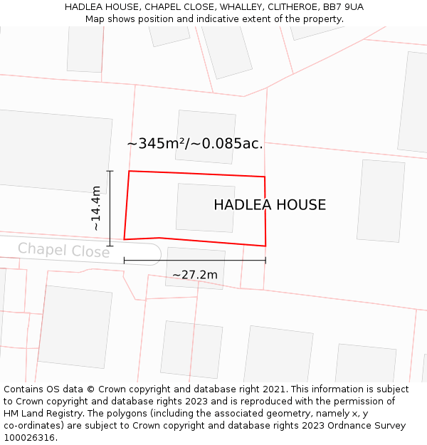 HADLEA HOUSE, CHAPEL CLOSE, WHALLEY, CLITHEROE, BB7 9UA: Plot and title map