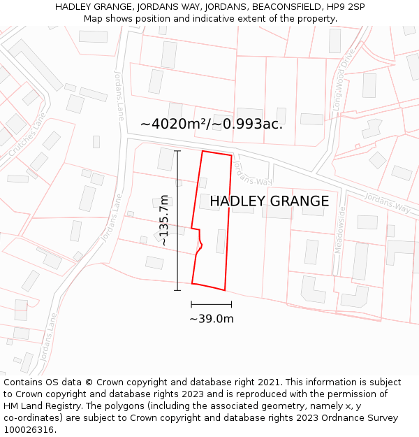 HADLEY GRANGE, JORDANS WAY, JORDANS, BEACONSFIELD, HP9 2SP: Plot and title map