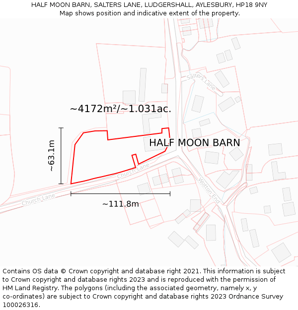 HALF MOON BARN, SALTERS LANE, LUDGERSHALL, AYLESBURY, HP18 9NY: Plot and title map