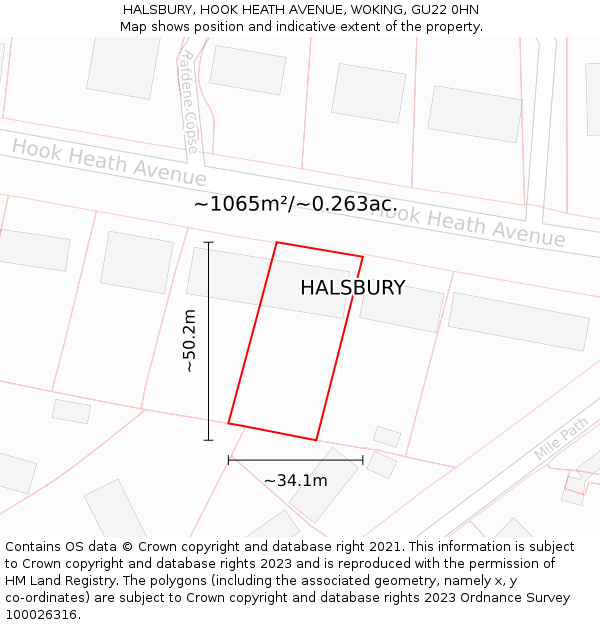 HALSBURY, HOOK HEATH AVENUE, WOKING, GU22 0HN: Plot and title map