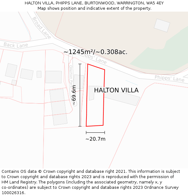 HALTON VILLA, PHIPPS LANE, BURTONWOOD, WARRINGTON, WA5 4EY: Plot and title map