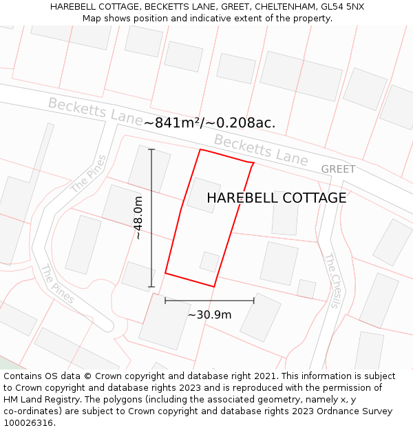 HAREBELL COTTAGE, BECKETTS LANE, GREET, CHELTENHAM, GL54 5NX: Plot and title map