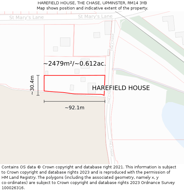 HAREFIELD HOUSE, THE CHASE, UPMINSTER, RM14 3YB: Plot and title map