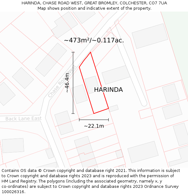 HARINDA, CHASE ROAD WEST, GREAT BROMLEY, COLCHESTER, CO7 7UA: Plot and title map