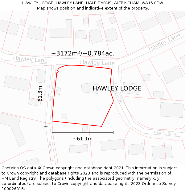 HAWLEY LODGE, HAWLEY LANE, HALE BARNS, ALTRINCHAM, WA15 0DW: Plot and title map