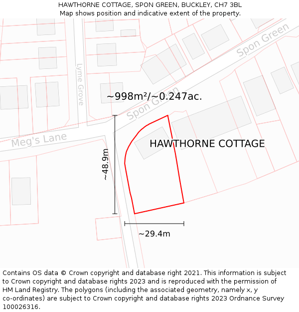 HAWTHORNE COTTAGE, SPON GREEN, BUCKLEY, CH7 3BL: Plot and title map