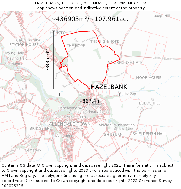 HAZELBANK, THE DENE, ALLENDALE, HEXHAM, NE47 9PX: Plot and title map