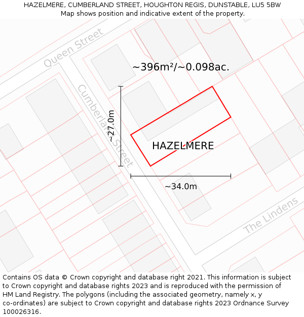 HAZELMERE, CUMBERLAND STREET, HOUGHTON REGIS, DUNSTABLE, LU5 5BW: Plot and title map