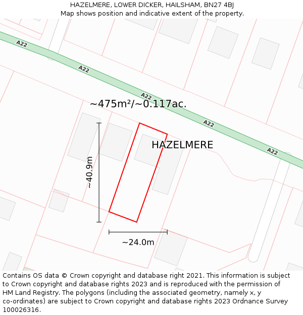 HAZELMERE, LOWER DICKER, HAILSHAM, BN27 4BJ: Plot and title map