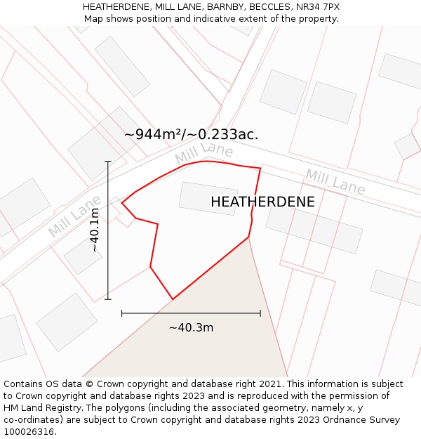 HEATHERDENE, MILL LANE, BARNBY, BECCLES, NR34 7PX: Plot and title map