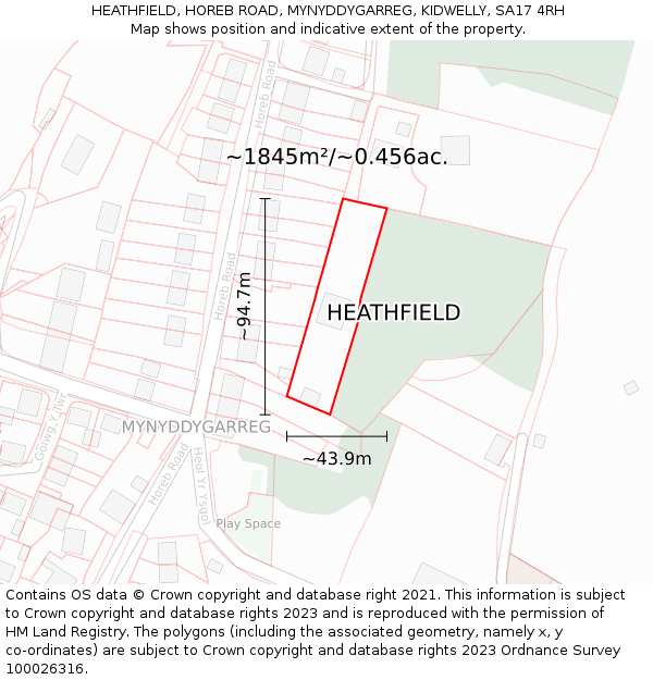 HEATHFIELD, HOREB ROAD, MYNYDDYGARREG, KIDWELLY, SA17 4RH: Plot and title map