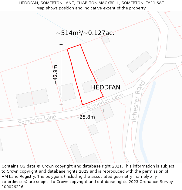 HEDDFAN, SOMERTON LANE, CHARLTON MACKRELL, SOMERTON, TA11 6AE: Plot and title map