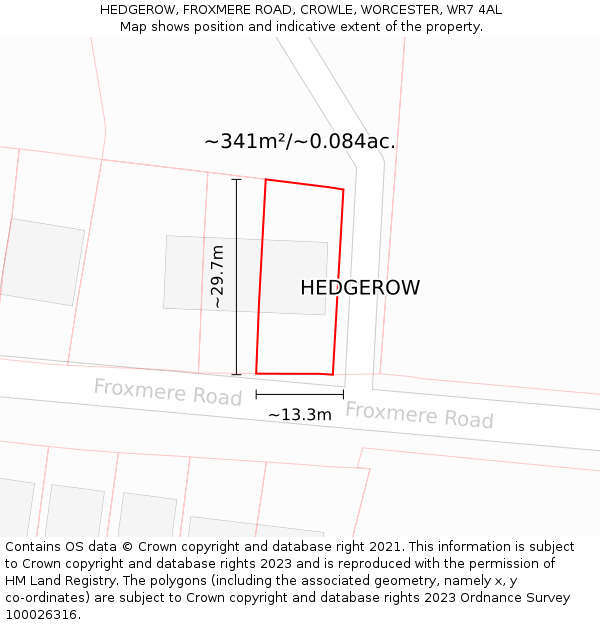 HEDGEROW, FROXMERE ROAD, CROWLE, WORCESTER, WR7 4AL: Plot and title map