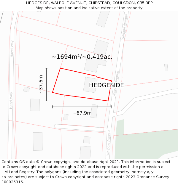 HEDGESIDE, WALPOLE AVENUE, CHIPSTEAD, COULSDON, CR5 3PP: Plot and title map