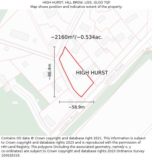 HIGH HURST, HILL BROW, LISS, GU33 7QF: Plot and title map