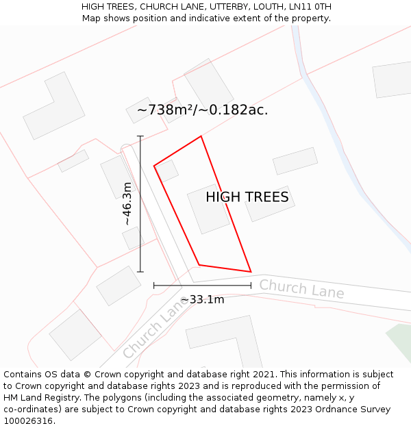 HIGH TREES, CHURCH LANE, UTTERBY, LOUTH, LN11 0TH: Plot and title map