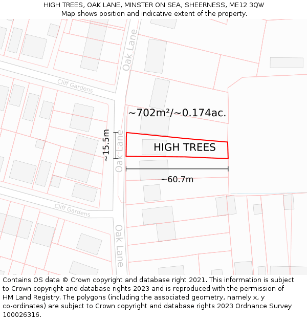 HIGH TREES, OAK LANE, MINSTER ON SEA, SHEERNESS, ME12 3QW: Plot and title map