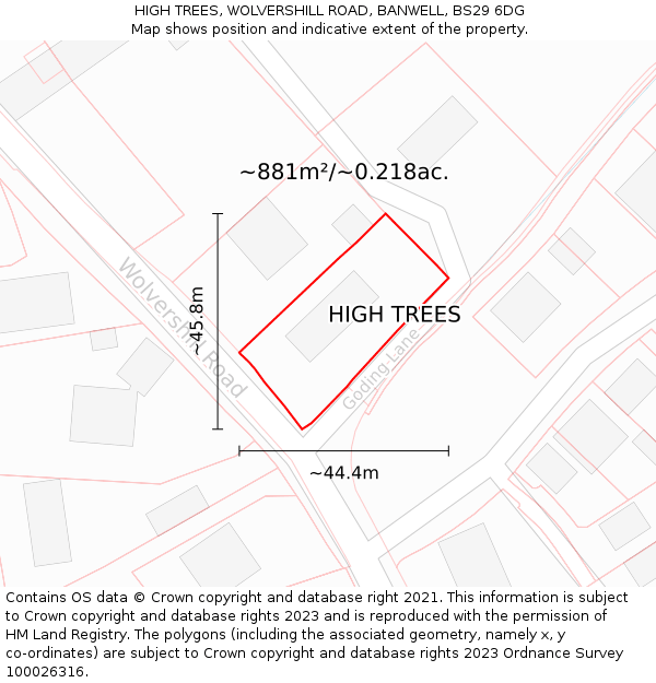 HIGH TREES, WOLVERSHILL ROAD, BANWELL, BS29 6DG: Plot and title map