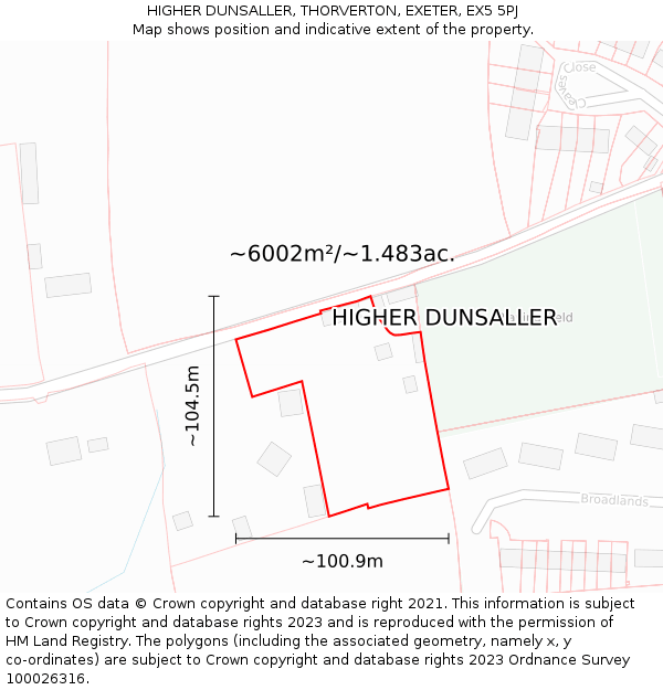 HIGHER DUNSALLER, THORVERTON, EXETER, EX5 5PJ: Plot and title map