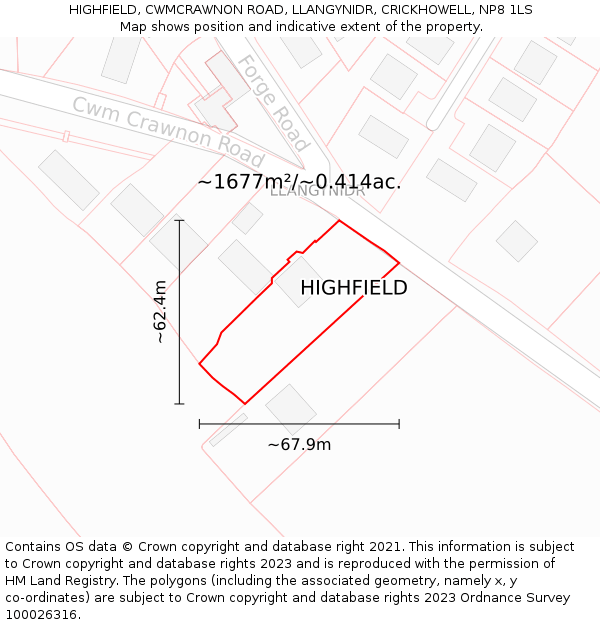 HIGHFIELD, CWMCRAWNON ROAD, LLANGYNIDR, CRICKHOWELL, NP8 1LS: Plot and title map